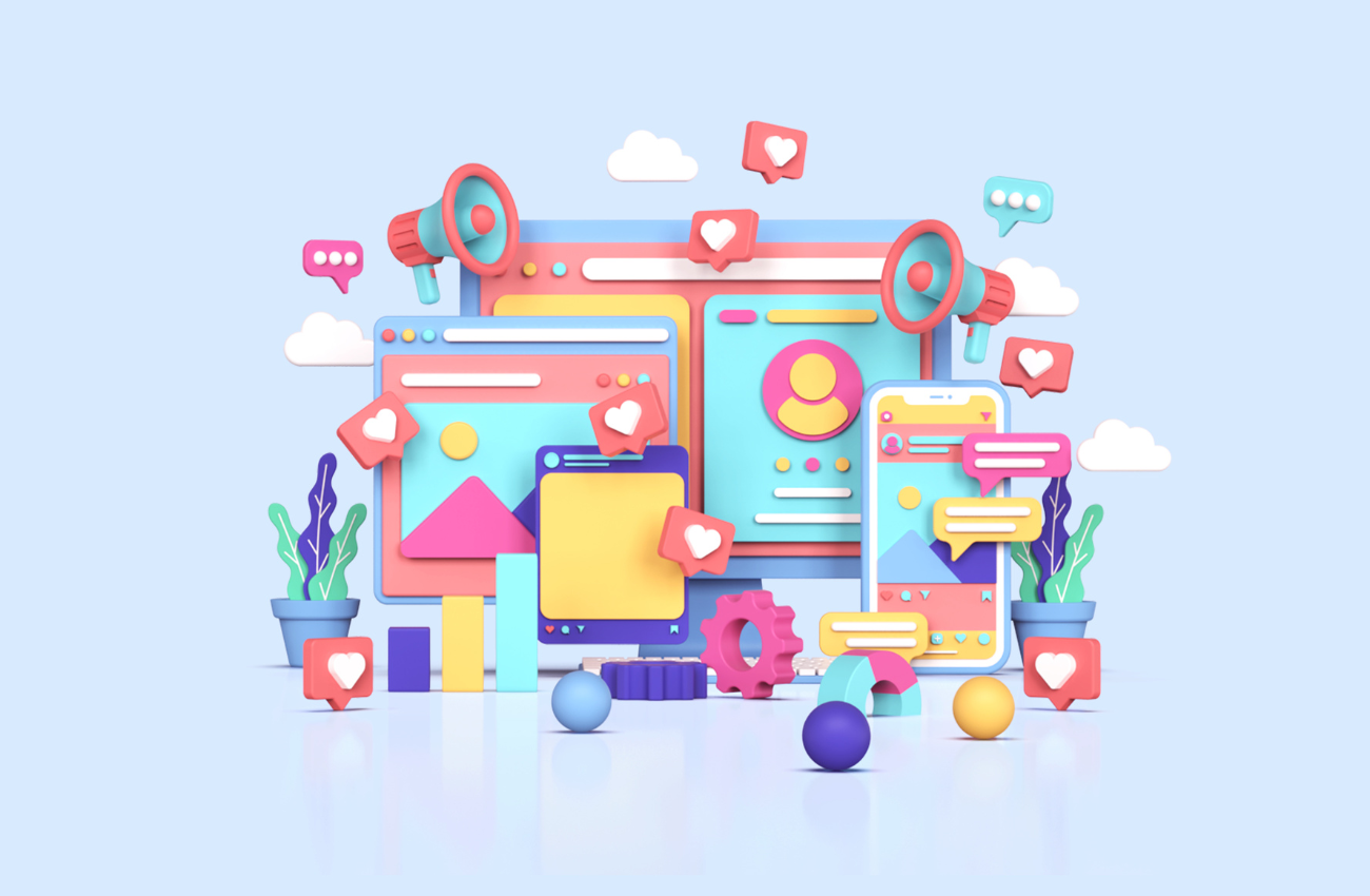Ilustración 3D de redes sociales con iconos de "me gusta" y comentarios.