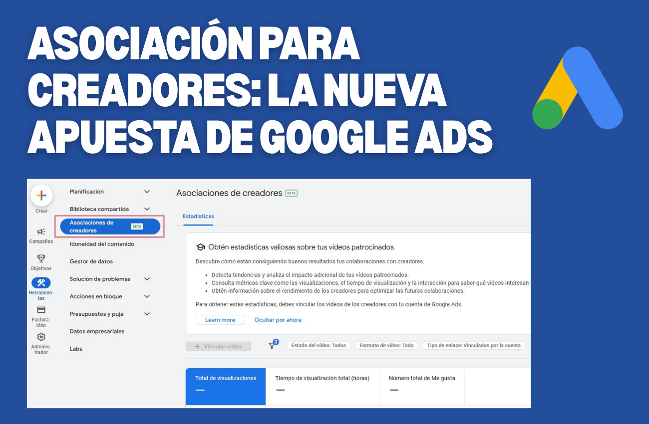 Interfaz de Google Ads mostrando la nueva sección "Asociación para creadores" con estadísticas de videos patrocinados.