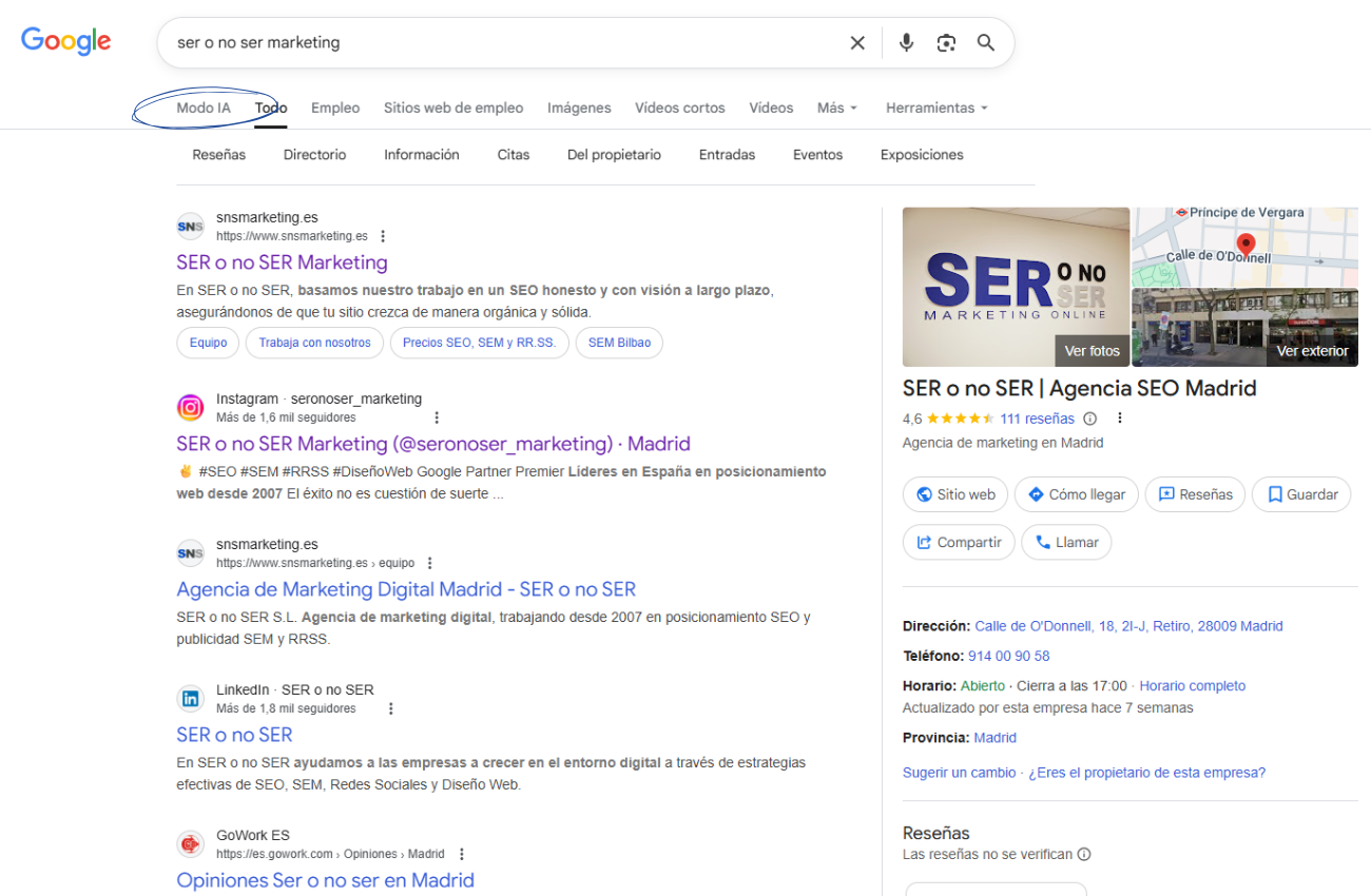 Resultados de búsqueda de Google para "ser o no ser marketing" en Modo IA. SER o no SER | Agencia SEO Madrid.