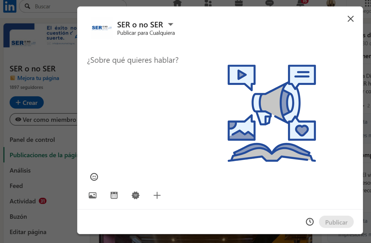Publicación en LinkedIn: "¿Sobre qué quieres hablar?". Iconos de video, imagen, texto y corazón sobre un libro abierto.